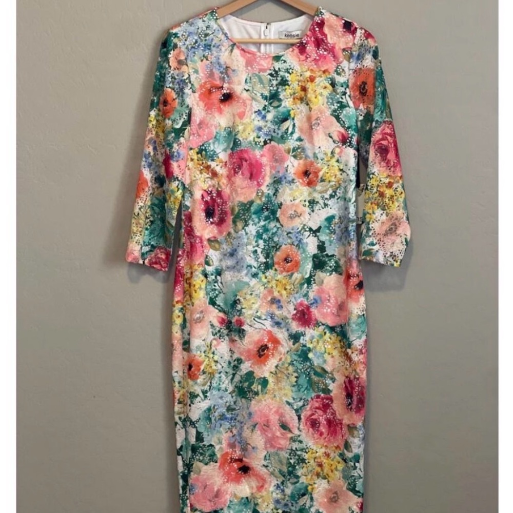 Kensie Eyelet Watercolor Floral 3/4 Sleeve Shift Dress - 8 - Picture 3 of 9